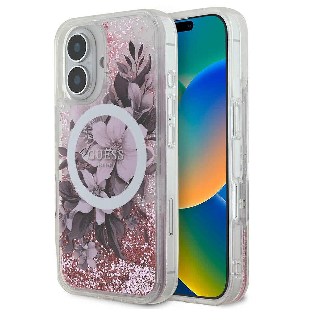 Apple iPhone 16 Kılıf Guess Orjinal Lisanslı M-safe Şarj Özellikli Sıvılı Simli Çiçek Desenli Kapak Yeşil