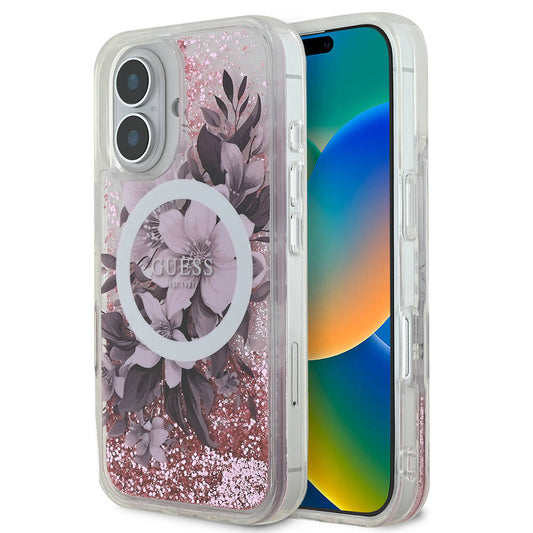 Apple iPhone 16 Kılıf Guess Orjinal Lisanslı M-safe Şarj Özellikli Sıvılı Simli Çiçek Desenli Kapak Pembe
