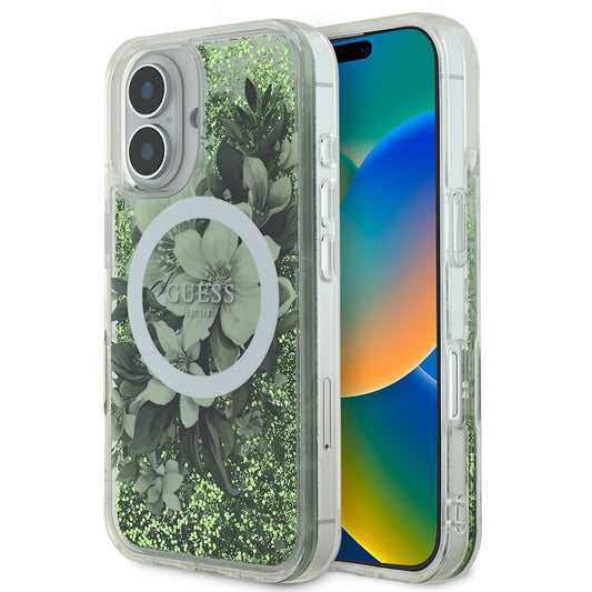 Apple iPhone 16 Kılıf Guess Orjinal Lisanslı M-safe Şarj Özellikli Sıvılı Simli Çiçek Desenli Kapak Yeşil