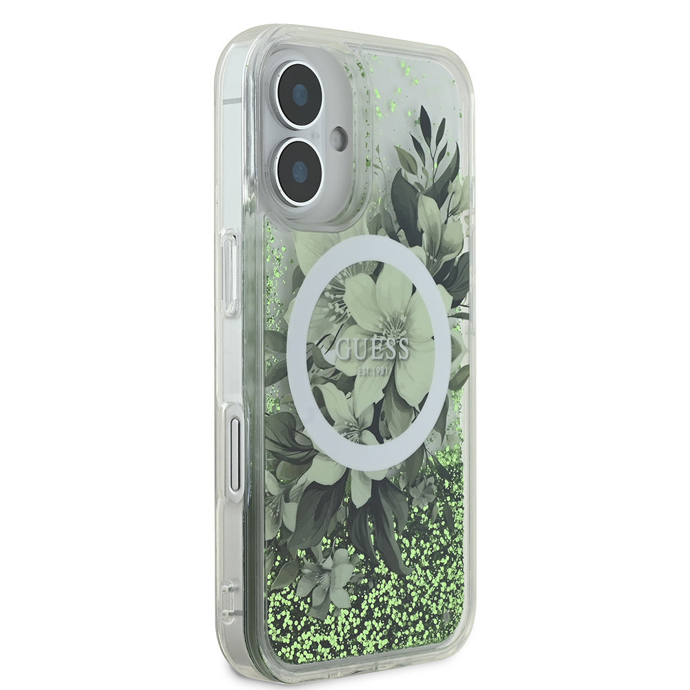 Apple iPhone 16 Kılıf Guess Orjinal Lisanslı M-safe Şarj Özellikli Sıvılı Simli Çiçek Desenli Kapak Yeşil