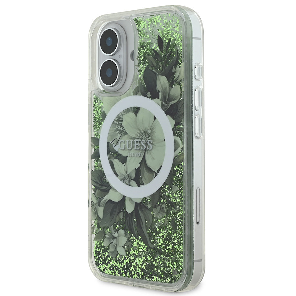 Apple iPhone 16 Kılıf Guess Orjinal Lisanslı M-safe Şarj Özellikli Sıvılı Simli Çiçek Desenli Kapak Mor