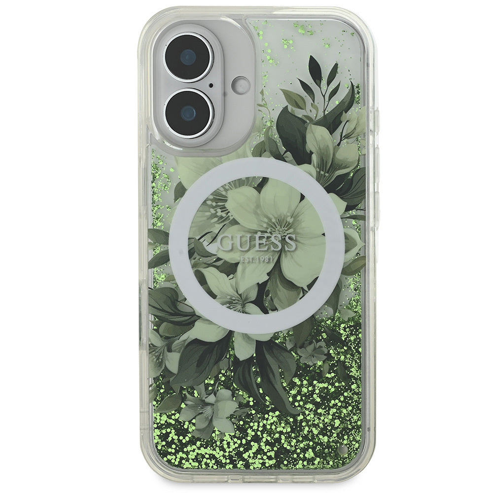 Apple iPhone 16 Kılıf Guess Orjinal Lisanslı M-safe Şarj Özellikli Sıvılı Simli Çiçek Desenli Kapak Yeşil