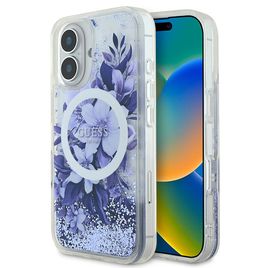 Apple iPhone 16 Kılıf Guess Orjinal Lisanslı M-safe Şarj Özellikli Sıvılı Simli Çiçek Desenli Kapak Mor