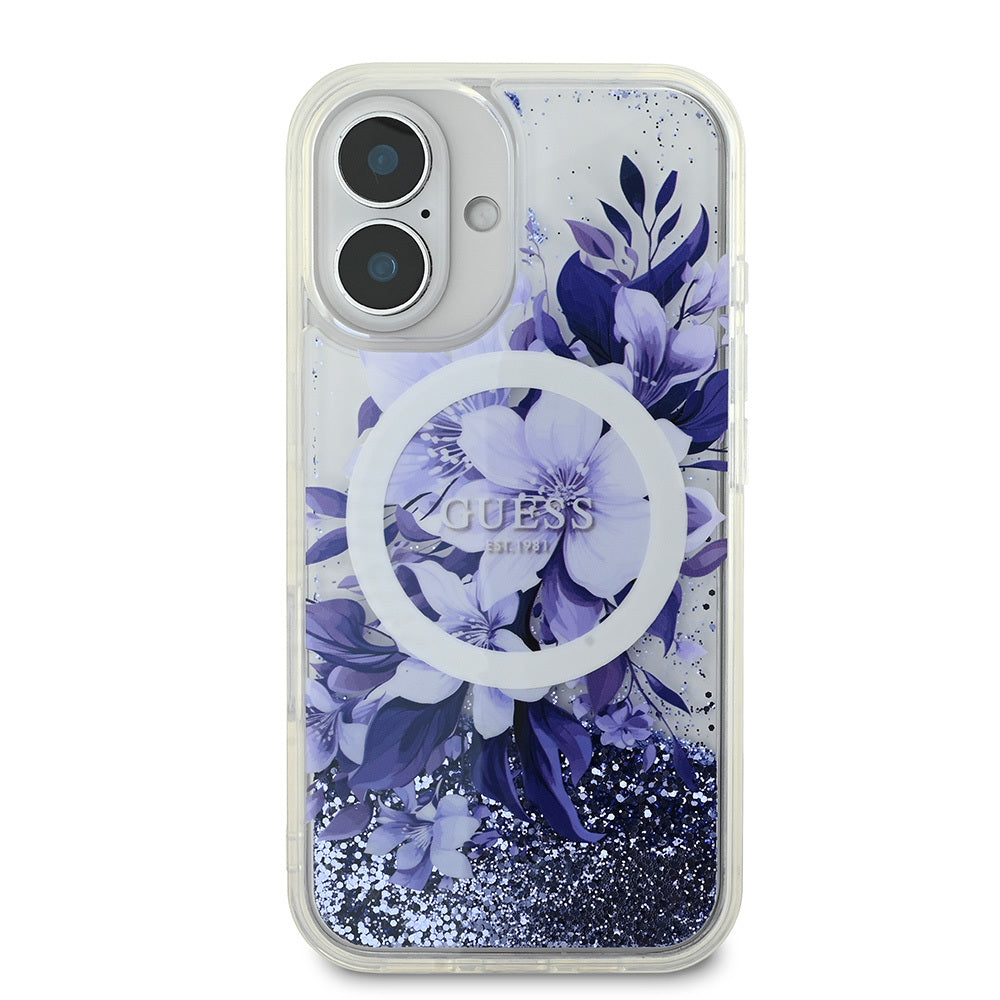 Apple iPhone 16 Kılıf Guess Orjinal Lisanslı M-safe Şarj Özellikli Sıvılı Simli Çiçek Desenli Kapak Pembe