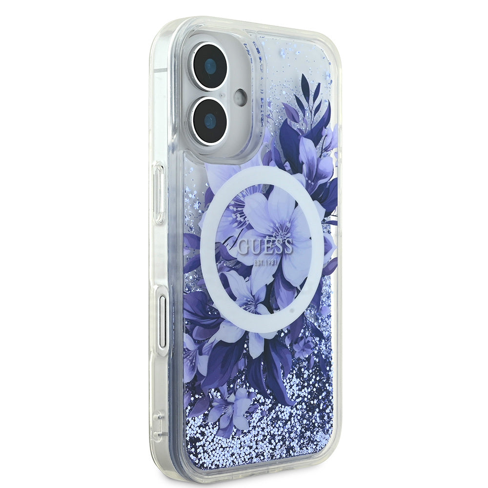 Apple iPhone 16 Kılıf Guess Orjinal Lisanslı M-safe Şarj Özellikli Sıvılı Simli Çiçek Desenli Kapak Yeşil