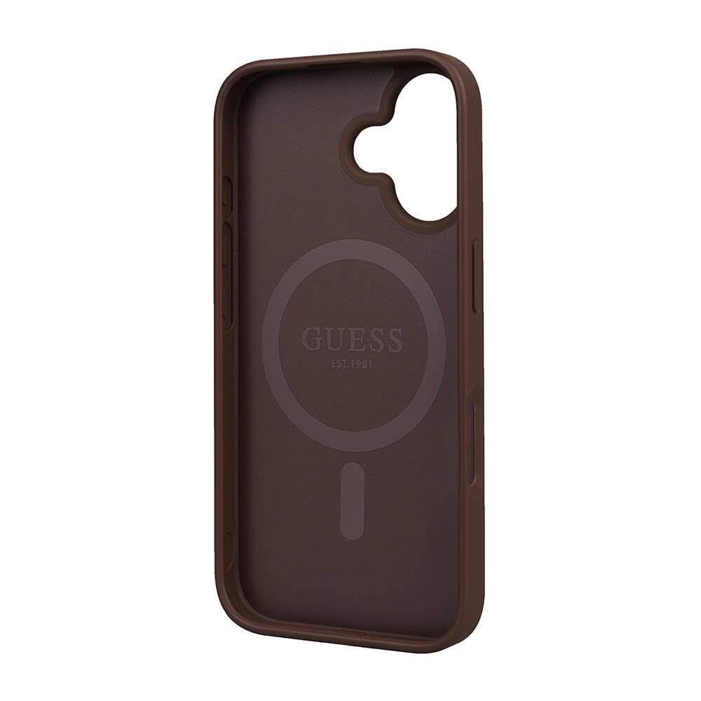 Apple iPhone 16 Kılıf Guess Orjinal Lisanslı M-safe Şarj Özellikli Small 4G Classic Kapak Kahverengi