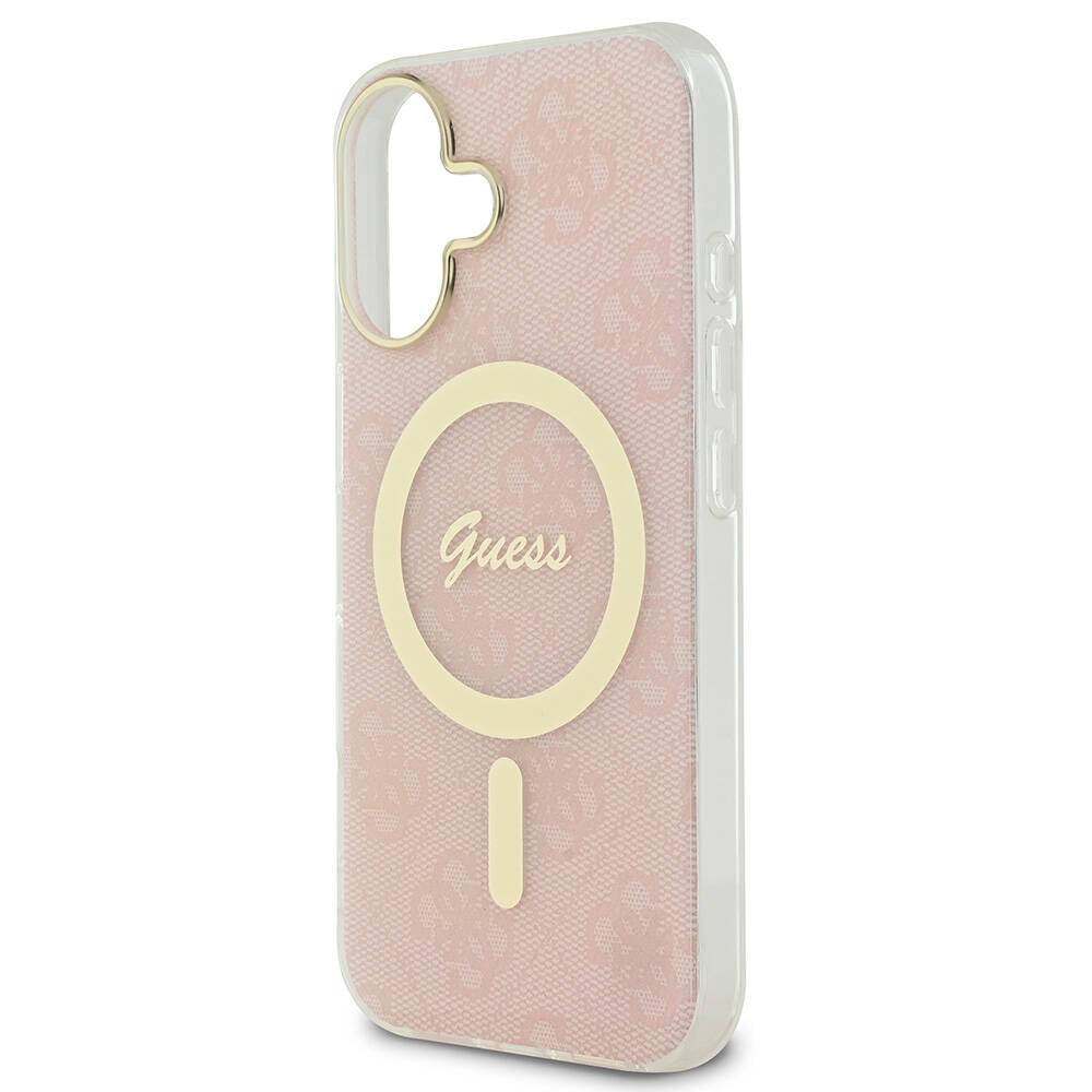 Apple iPhone 16 Kılıf Guess Orjinal Lisanslı M-safe Şarj Özellikli Yazı Logolu 4G Desenli Kapak Pembe
