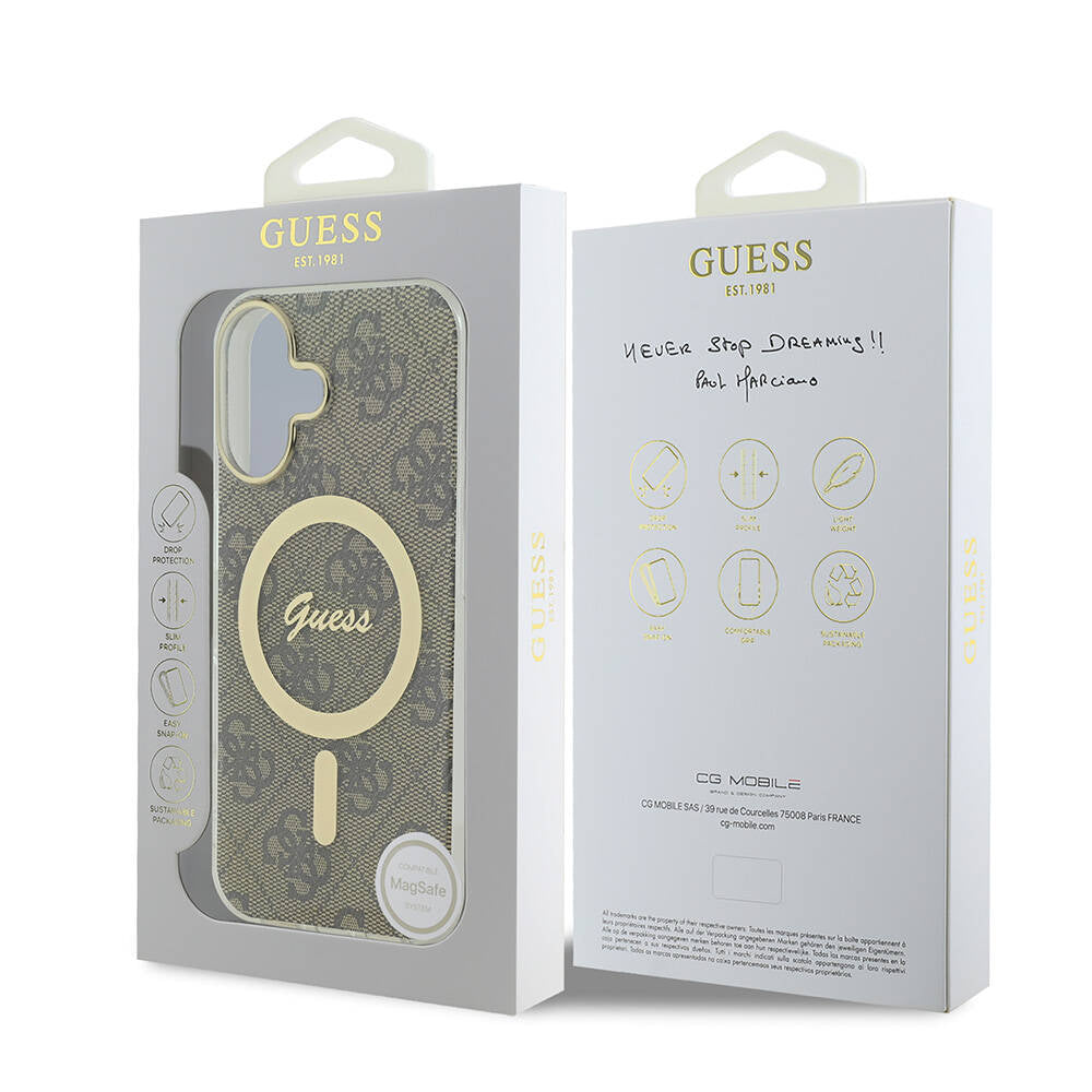 Apple iPhone 16 Kılıf Guess Orjinal Lisanslı M-safe Şarj Özellikli Yazı Logolu 4G Desenli Kapak Kahverengi