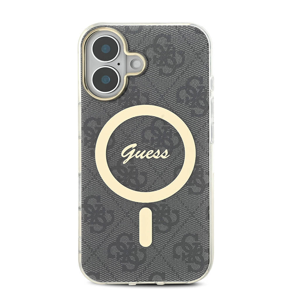 Apple iPhone 16 Kılıf Guess Orjinal Lisanslı M-safe Şarj Özellikli Yazı Logolu 4G Desenli Kapak Kahverengi