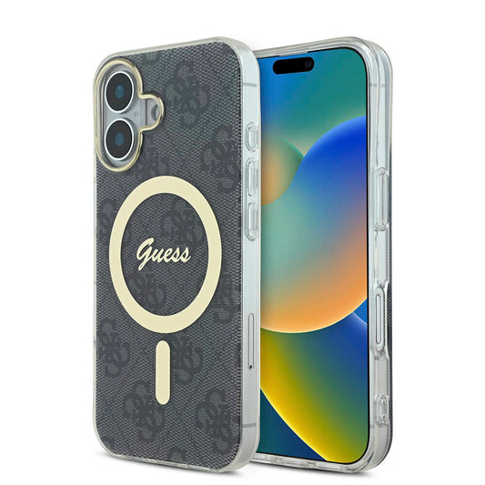 Apple iPhone 16 Kılıf Guess Orjinal Lisanslı M-safe Şarj Özellikli Yazı Logolu 4G Desenli Kapak Siyah