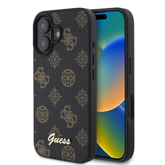 Apple iPhone 16 Kılıf Guess Orjinal Lisanslı M-safe Şarj Özellikli Yazı Logolu Peony Kapak Kahverengi