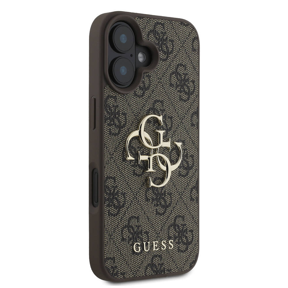 Apple iPhone 16 Kılıf Guess Orjinal Lisanslı PU Deri 4G Desenli Metal Büyük 4G ve Yazı Logolu Kapak Siyah
