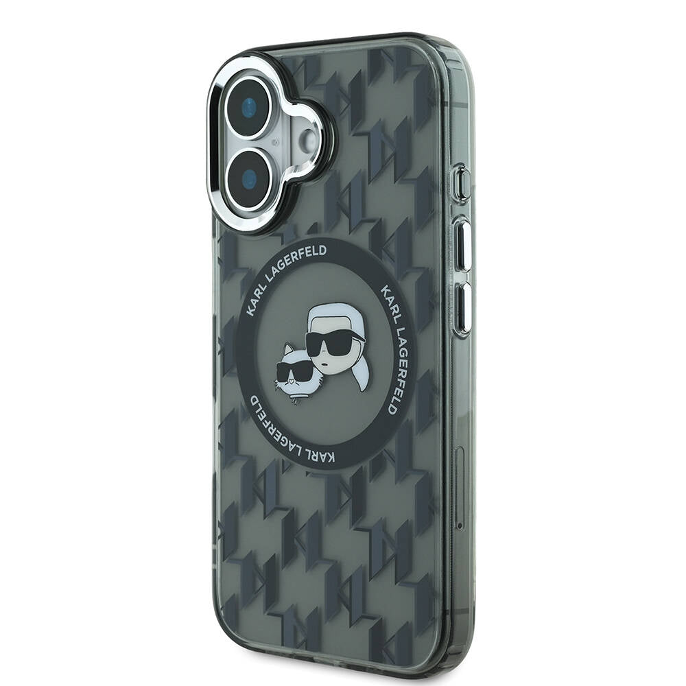 Apple iPhone 16 Kılıf Karl Lagerfeld Orjinal Lisanslı M-safe Şarj Özellikli IML Baskılı Metal Monogram KC Heads Kapak Siyah
