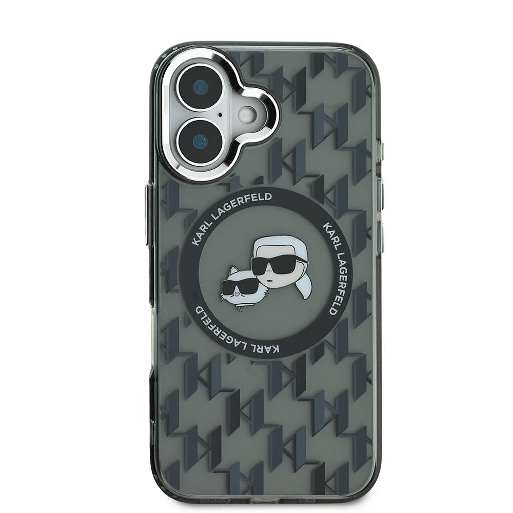 Apple iPhone 16 Kılıf Karl Lagerfeld Orjinal Lisanslı M-safe Şarj Özellikli IML Baskılı Metal Monogram KC Heads Kapak Siyah