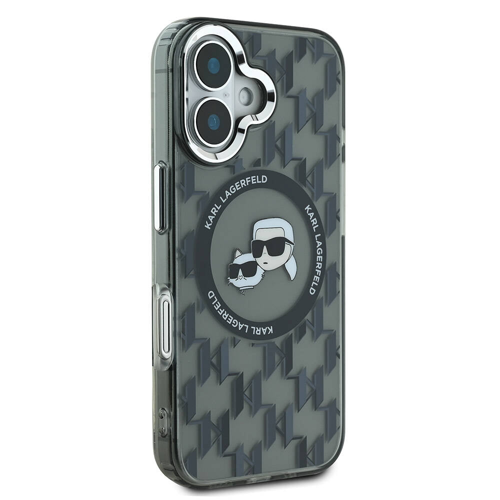 Apple iPhone 16 Kılıf Karl Lagerfeld Orjinal Lisanslı M-safe Şarj Özellikli IML Baskılı Metal Monogram KC Heads Kapak Siyah