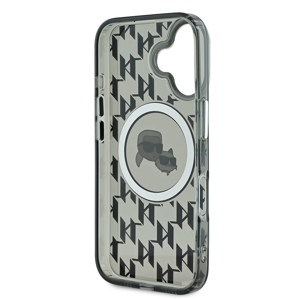 Apple iPhone 16 Kılıf Karl Lagerfeld Orjinal Lisanslı M-safe Şarj Özellikli IML Baskılı Metal Monogram KC Heads Kapak Siyah