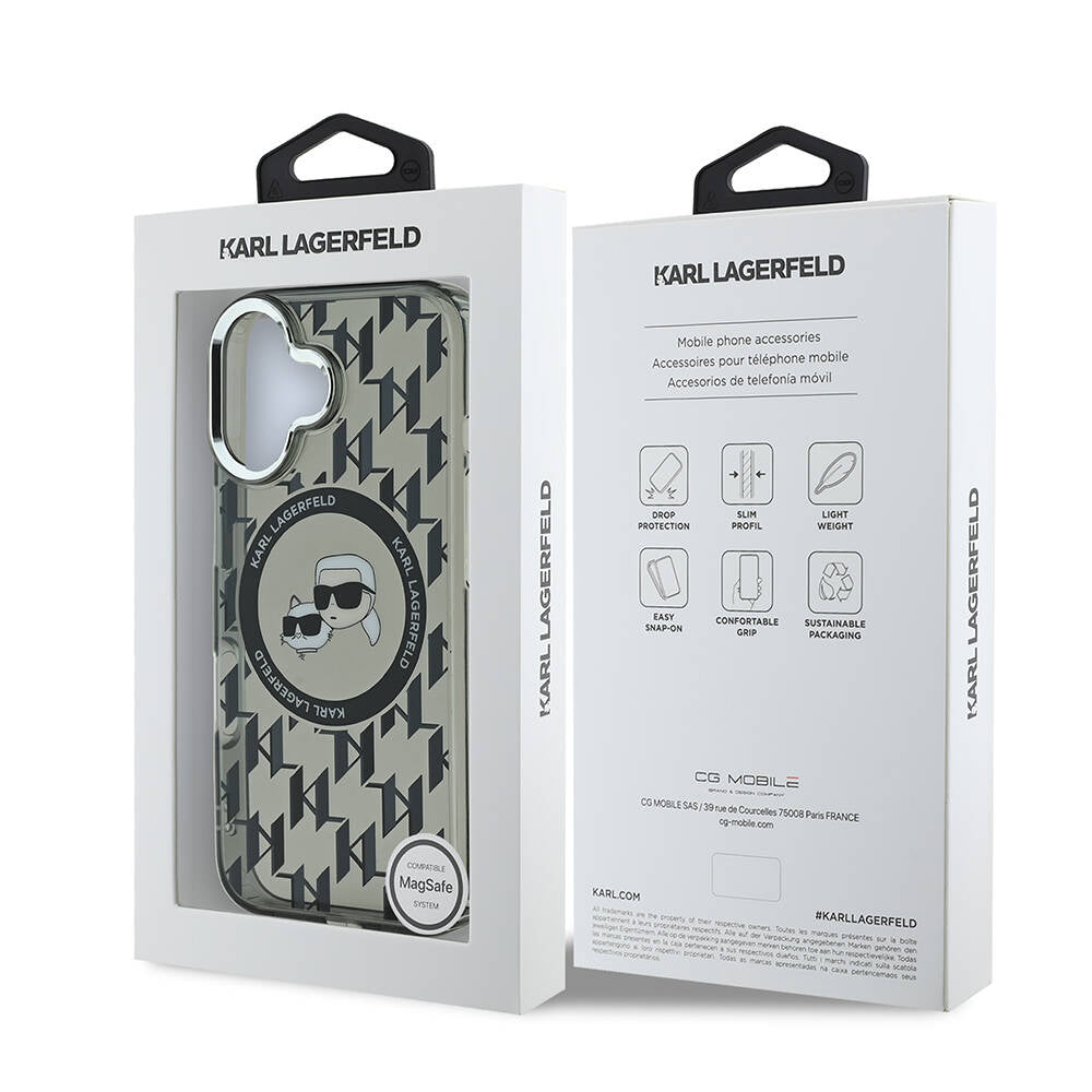 Apple iPhone 16 Kılıf Karl Lagerfeld Orjinal Lisanslı M-safe Şarj Özellikli IML Baskılı Metal Monogram KC Heads Kapak Siyah
