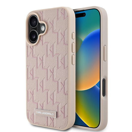 Apple iPhone 16 Kılıf Karl Lagerfeld Orjinal Lisanslı M-safe Şarj Özellikli KL Yazılı Hot Stamp Kapak Pembe