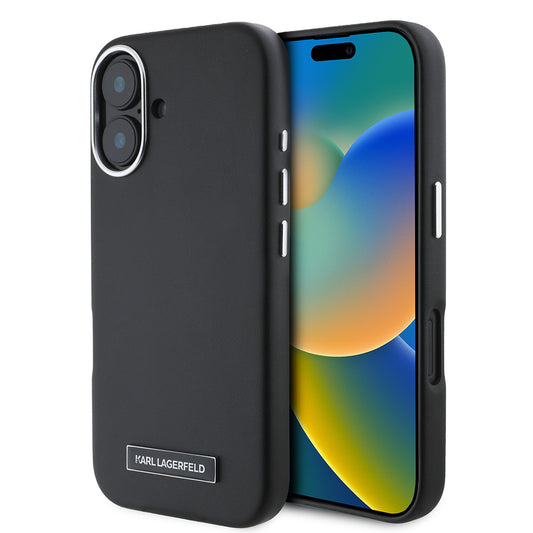 Apple iPhone 16 Kılıf Karl Lagerfeld Orjinal Lisanslı M-safe Şarj Özellikli Metal Kamera ve Buton Tasarımlı Plaka Logolu PU Deri Kapak