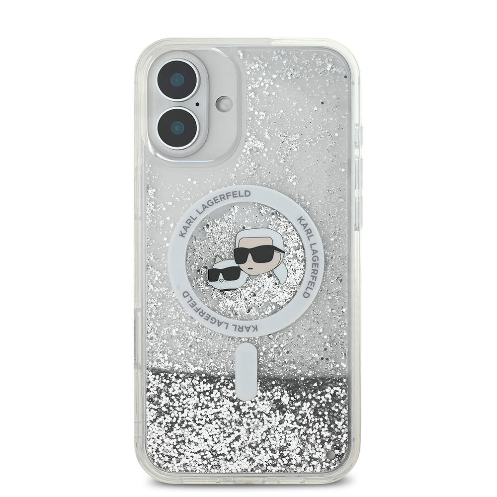 Apple iPhone 16 Kılıf Karl Lagerfeld Orjinal Lisanslı M-safe Şarj Özellikli Sıvılı Simli K&C Heads Kapak Şeffaf