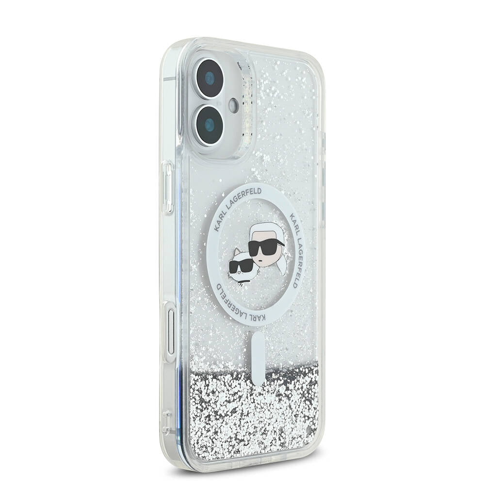 Apple iPhone 16 Kılıf Karl Lagerfeld Orjinal Lisanslı M-safe Şarj Özellikli Sıvılı Simli K&C Heads Kapak Şeffaf