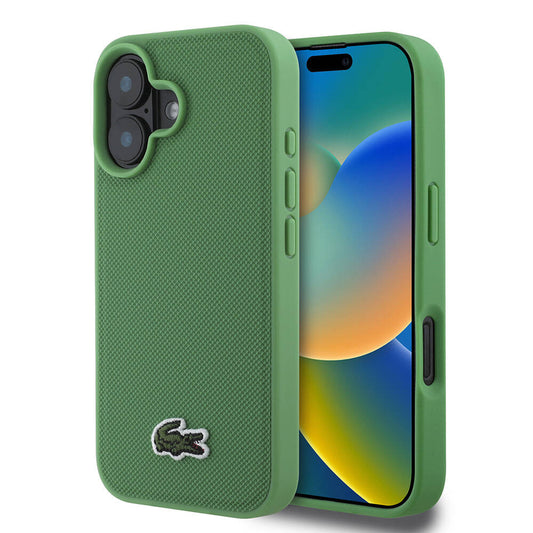 Apple iPhone 16 Kılıf Lacoste Orjinal Lisanslı PU Pike Desenli Arka Yüzey İkonik Timsah Dokuma Logolu Kapak Koyu Yeşil