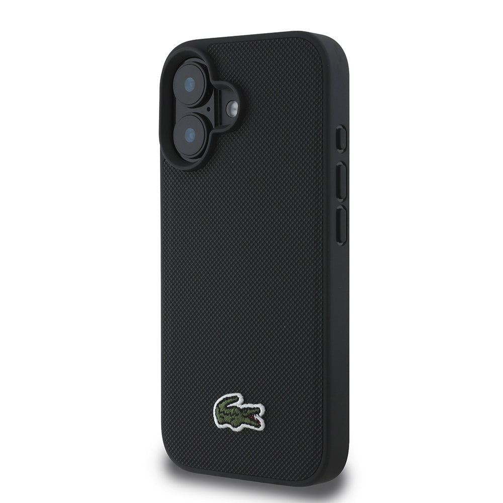 Apple iPhone 16 Kılıf Lacoste Orjinal Lisanslı PU Pike Desenli Arka Yüzey İkonik Timsah Dokuma Logolu Kapak + Type-C Kablo 1.5m Siyah