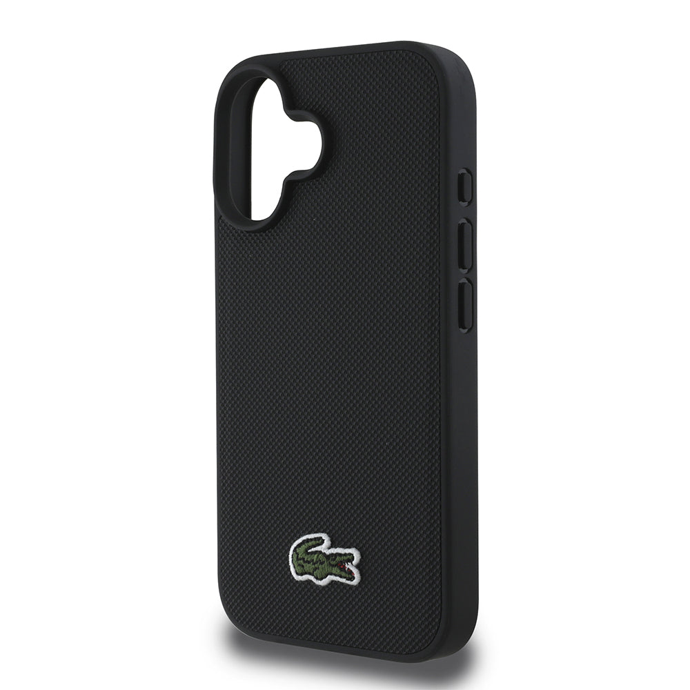 Apple iPhone 16 Kılıf Lacoste Orjinal Lisanslı PU Pike Desenli Arka Yüzey İkonik Timsah Dokuma Logolu Kapak + Type-C Kablo 1.5m Siyah