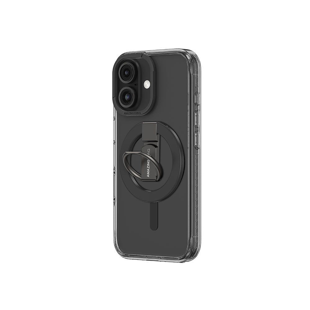 Apple iPhone 16 Kılıf M-safe Şarj Özellikli Yüzük Standlı Amazingthing Titan Pro Serisi Kapak Siyah