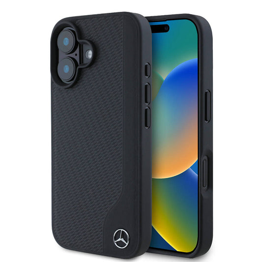 Apple iPhone 16 Kılıf Mercedes Benz Orjinal Lisanslı M-safe Şarj Özellikli 3D Metal Logolu Wood Imitation Deri Kapak Siyah