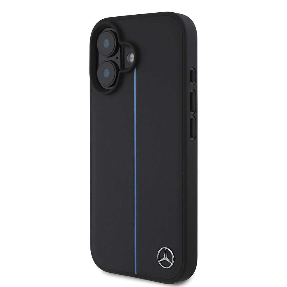 Apple iPhone 16 Kılıf Mercedes Benz Orjinal Lisanslı M-safe Şarj Özellikli Metal Yıldız Logolu Mavi Çizgili Deri Kapak Siyah