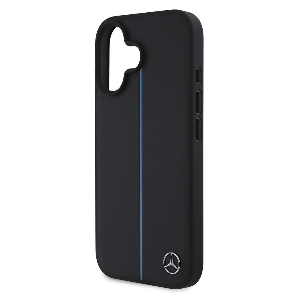Apple iPhone 16 Kılıf Mercedes Benz Orjinal Lisanslı M-safe Şarj Özellikli Metal Yıldız Logolu Mavi Çizgili Deri Kapak Siyah