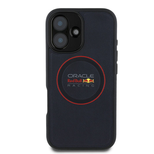 Apple iPhone 16 Kılıf Redbull Orjinal Lisanslı M-safe Şarj Özellikli Kırmızı Halka ve Logo Kabartmalı PU Deri Kapak Lacivert