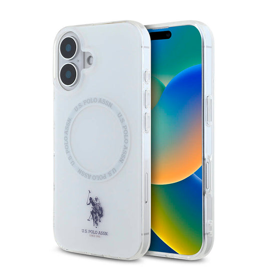 Apple iPhone 16 Kılıf U.S. Polo Assn. Orjinal Lisanslı M-safe Şarj Özellikli IML Double Horse Logolu Ring Kapak Beyaz