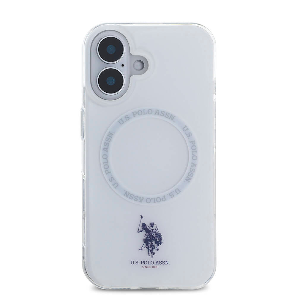 Apple iPhone 16 Kılıf U.S. Polo Assn. Orjinal Lisanslı M-safe Şarj Özellikli IML Double Horse Logolu Ring Kapak Beyaz