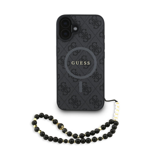 Apple iPhone 16 Plus Kılıf Guess Orjinal Lisanslı M-safe Şarj Özellikli PU Deri Bilek Askı İpli Yazı Logolu Kapak
