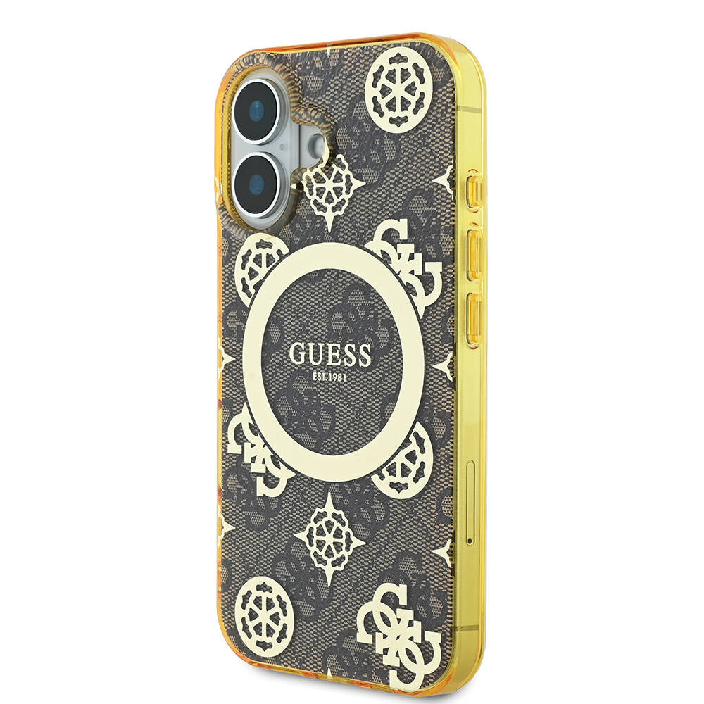 Apple iPhone 16 Plus Kılıf Guess Orjinal Lisanslı M-safe Şarj Özellikli 4G Desenli IML Yazı Logolu Peony Kapak Pembe