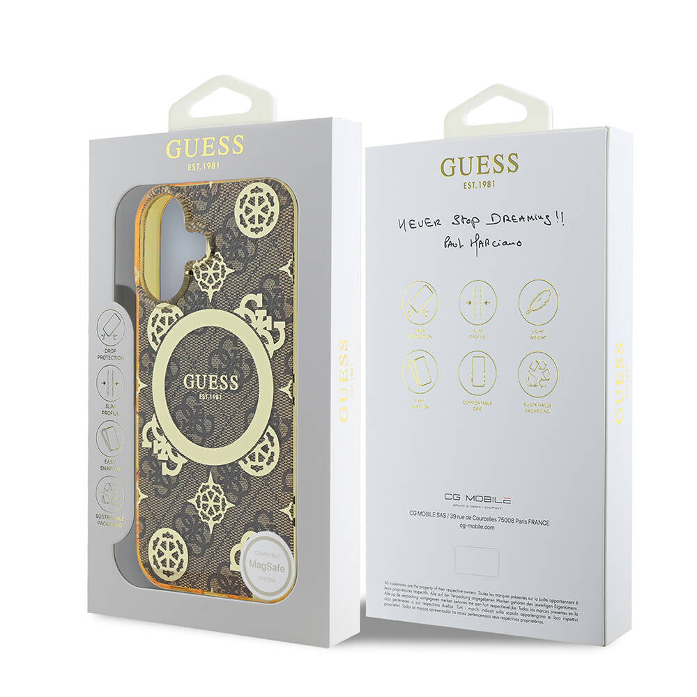 Apple iPhone 16 Plus Kılıf Guess Orjinal Lisanslı M-safe Şarj Özellikli 4G Desenli IML Yazı Logolu Peony Kapak Kahverengi