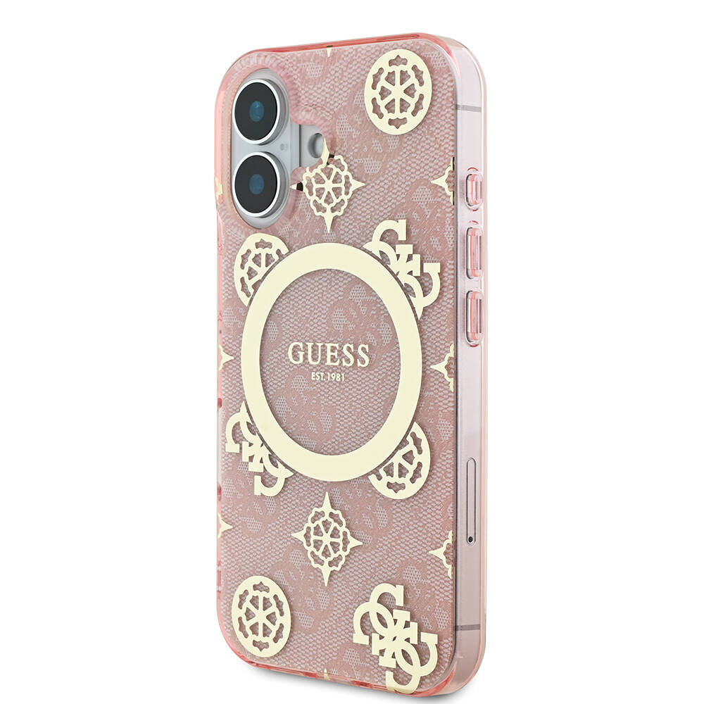 Apple iPhone 16 Plus Kılıf Guess Orjinal Lisanslı M-safe Şarj Özellikli 4G Desenli IML Yazı Logolu Peony Kapak Pembe