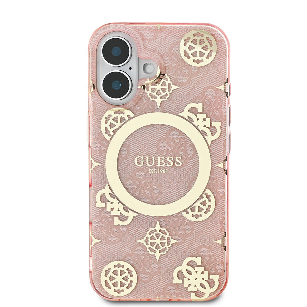 Apple iPhone 16 Plus Kılıf Guess Orjinal Lisanslı M-safe Şarj Özellikli 4G Desenli IML Yazı Logolu Peony Kapak Pembe
