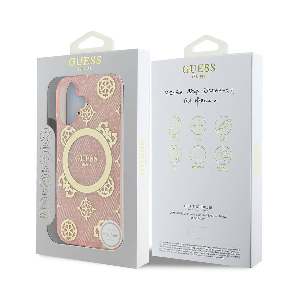 Apple iPhone 16 Plus Kılıf Guess Orjinal Lisanslı M-safe Şarj Özellikli 4G Desenli IML Yazı Logolu Peony Kapak Pembe