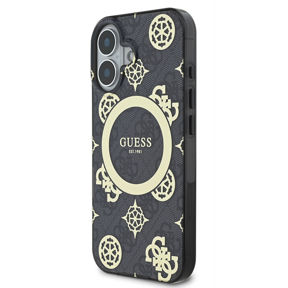 Apple iPhone 16 Plus Kılıf Guess Orjinal Lisanslı M-safe Şarj Özellikli 4G Desenli IML Yazı Logolu Peony Kapak Kahverengi
