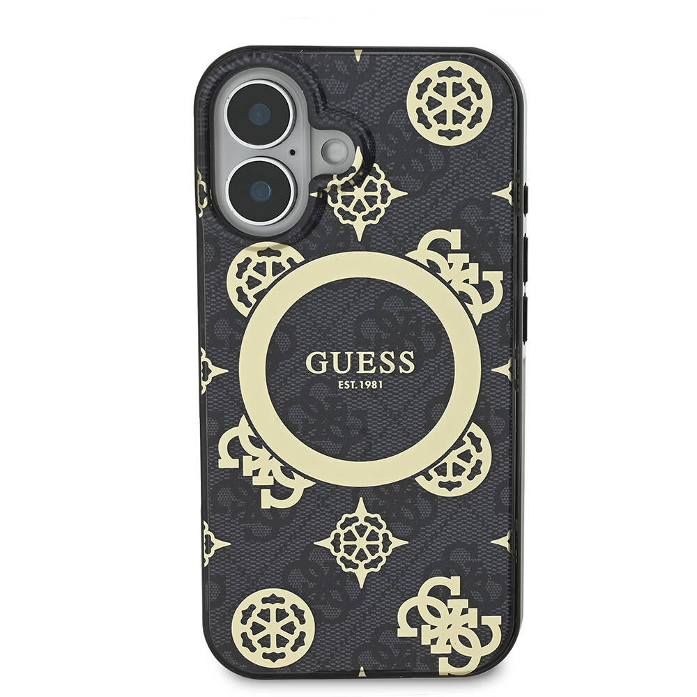 Apple iPhone 16 Plus Kılıf Guess Orjinal Lisanslı M-safe Şarj Özellikli 4G Desenli IML Yazı Logolu Peony Kapak Kahverengi