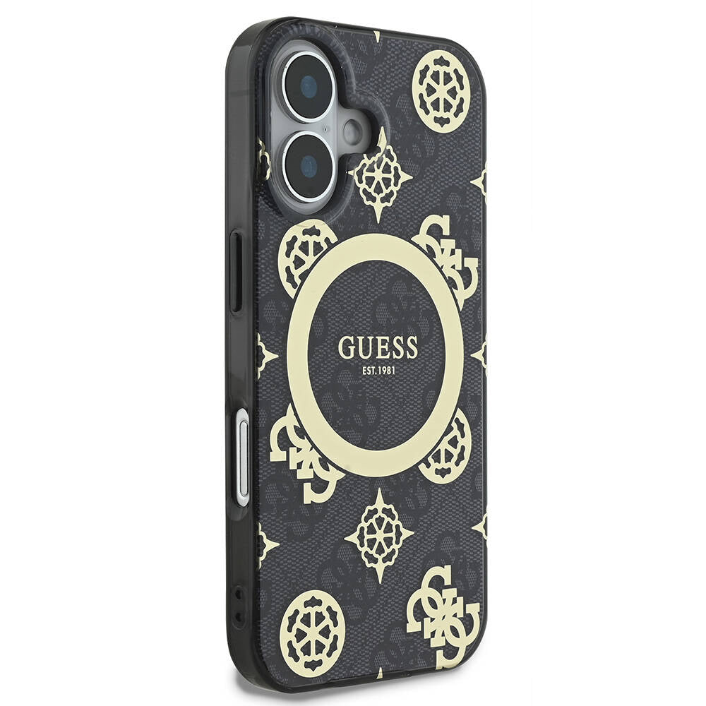 Apple iPhone 16 Plus Kılıf Guess Orjinal Lisanslı M-safe Şarj Özellikli 4G Desenli IML Yazı Logolu Peony Kapak Kahverengi