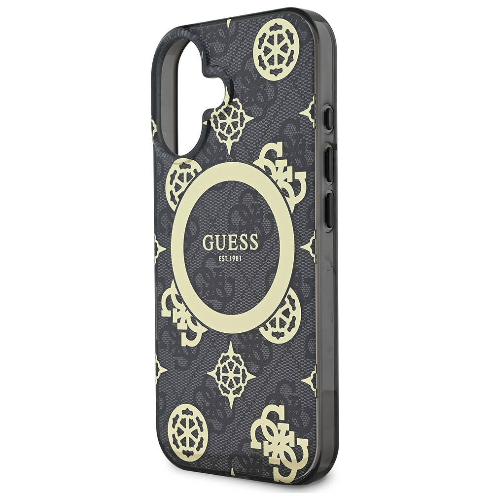 Apple iPhone 16 Plus Kılıf Guess Orjinal Lisanslı M-safe Şarj Özellikli 4G Desenli IML Yazı Logolu Peony Kapak Kahverengi