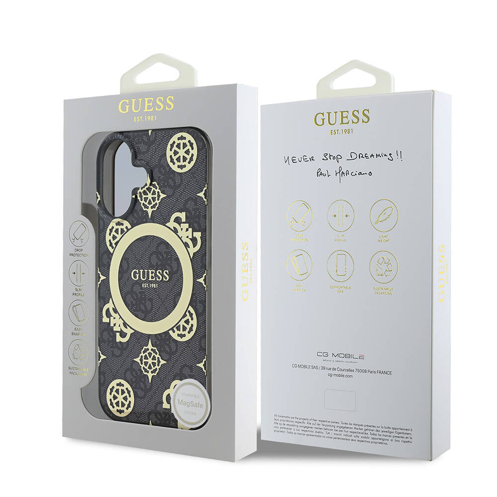 Apple iPhone 16 Plus Kılıf Guess Orjinal Lisanslı M-safe Şarj Özellikli 4G Desenli IML Yazı Logolu Peony Kapak Kahverengi