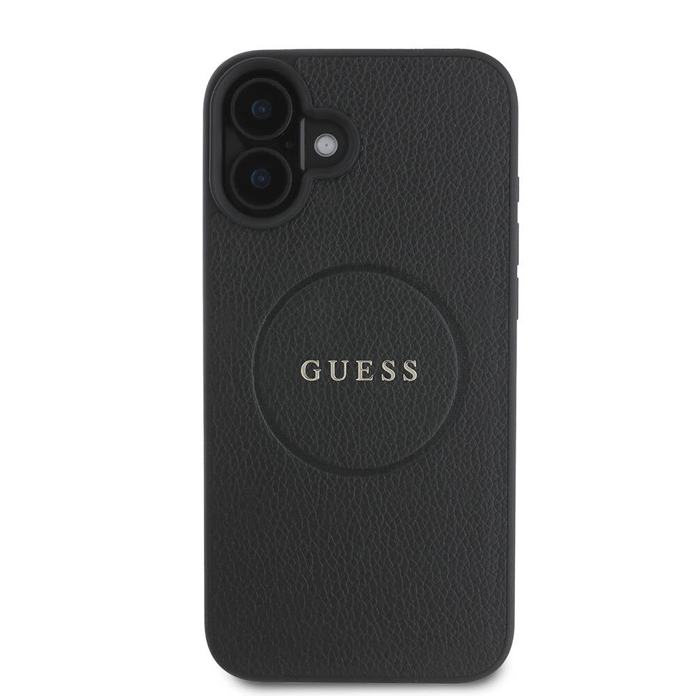 Apple iPhone 16 Plus Kılıf Guess Orjinal Lisanslı M-safe Şarj Özellikli Yazı Logolu Grained Kapak Siyah