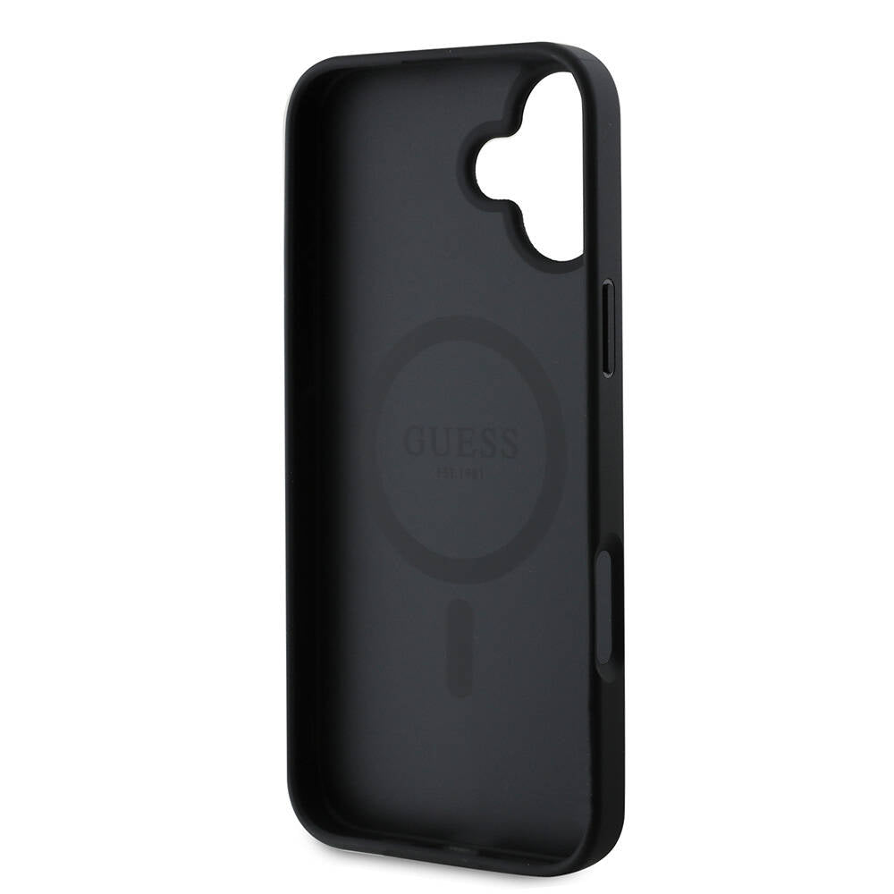 Apple iPhone 16 Plus Kılıf Guess Orjinal Lisanslı M-safe Şarj Özellikli Yazı Logolu Grained Kapak Siyah