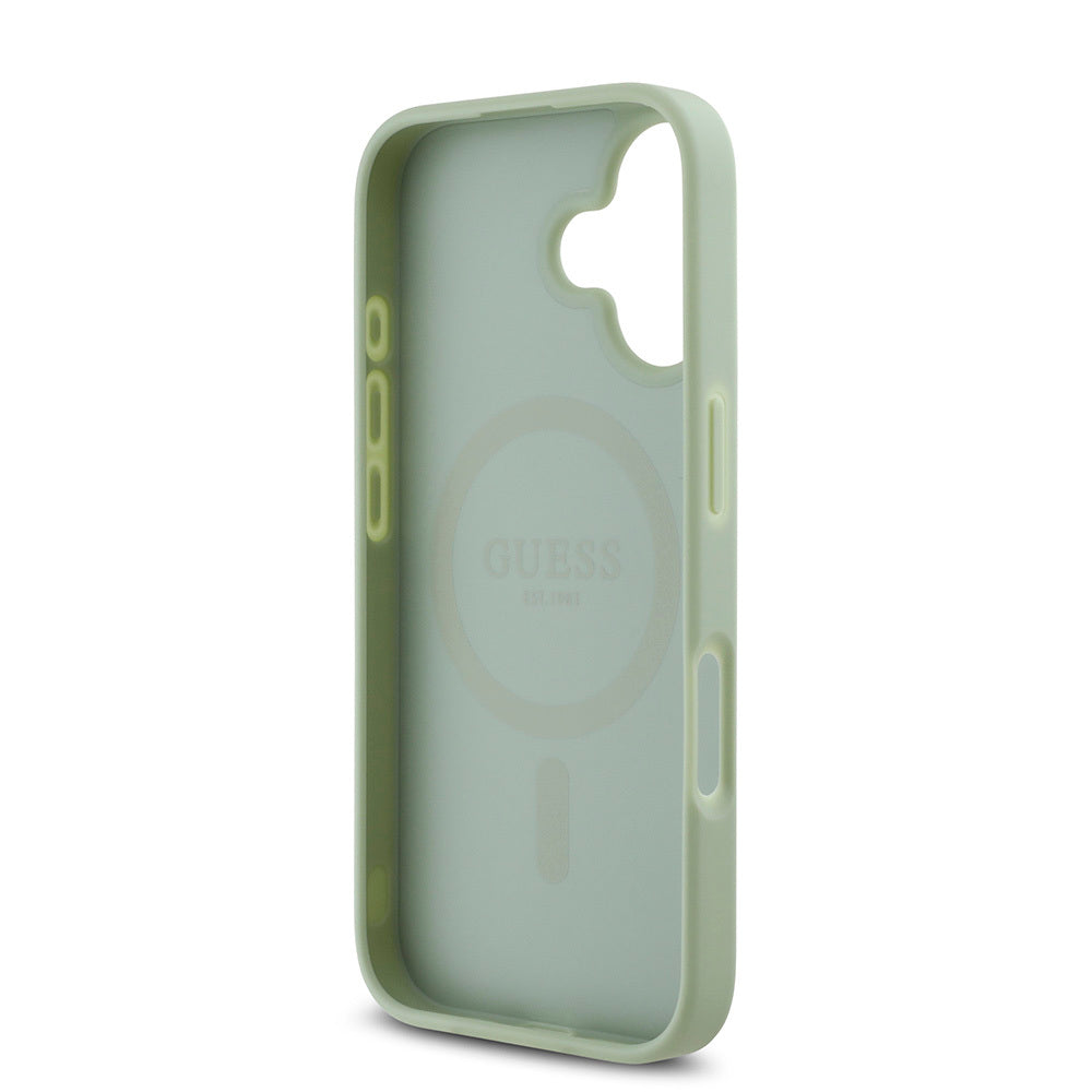 Apple iPhone 16 Plus Kılıf Guess Orjinal Lisanslı M-safe Şarj Özellikli Yazı Logolu Grained Kapak Yeşil