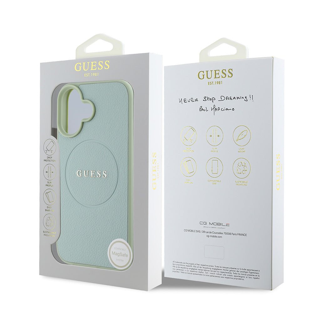 Apple iPhone 16 Plus Kılıf Guess Orjinal Lisanslı M-safe Şarj Özellikli Yazı Logolu Grained Kapak Pembe
